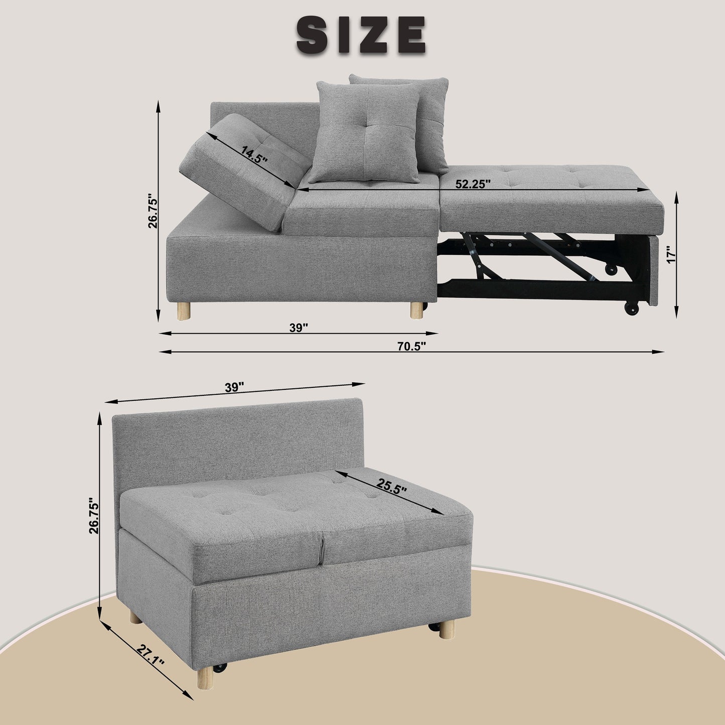 Gray 27.13 4-in-1 Single Convertible Single Sofa Bed with 6 Position Adjustable Back and 2 Pillows for Living Room