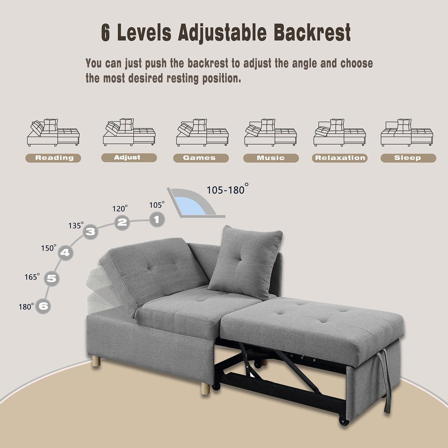 Gray 27.13 4-in-1 Single Convertible Single Sofa Bed with 6 Position Adjustable Back and 2 Pillows for Living Room