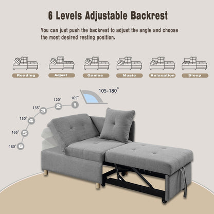 Gray 27.13 4-in-1 Single Convertible Single Sofa Bed with 6 Position Adjustable Back and 2 Pillows for Living Room