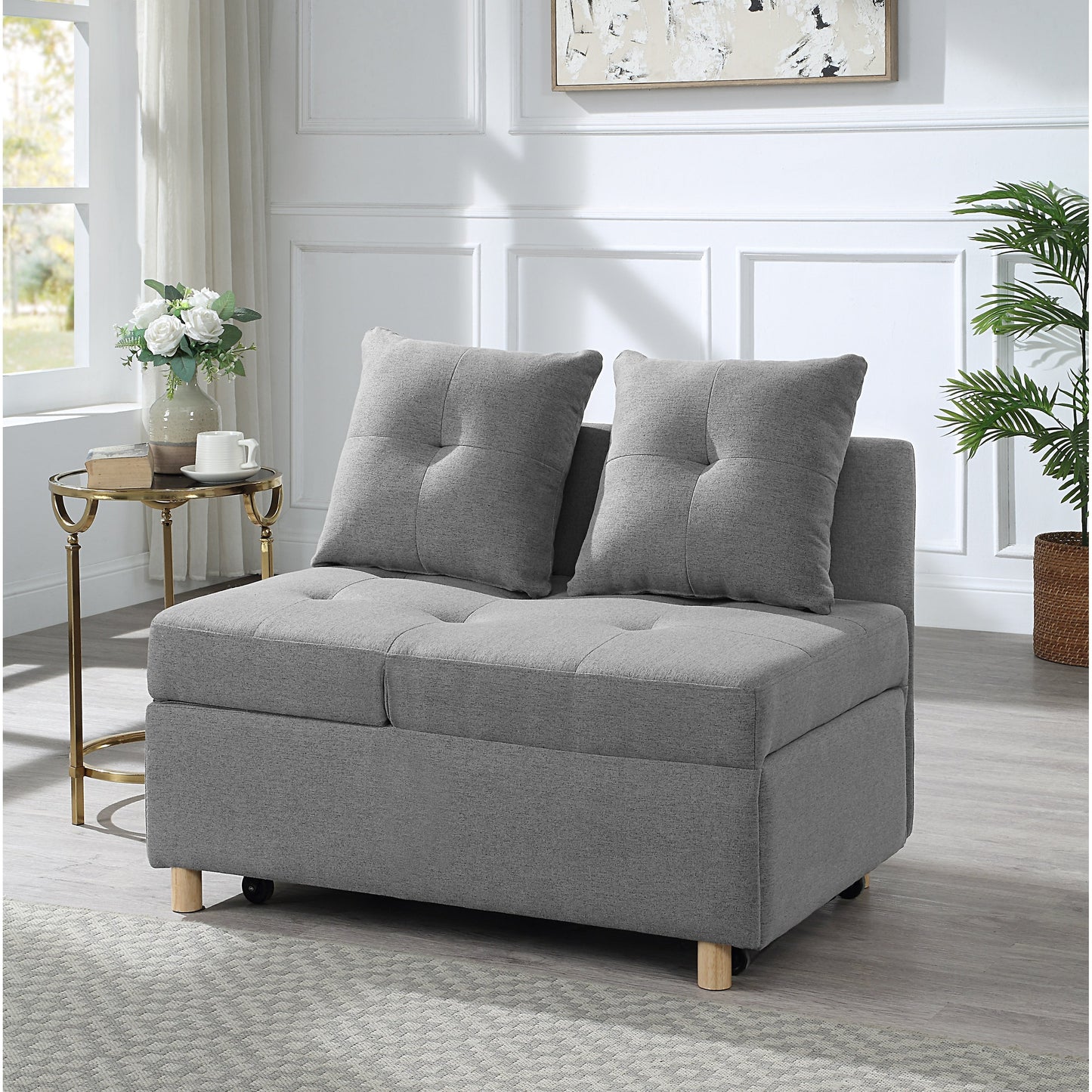 Gray 27.13 4-in-1 Single Convertible Single Sofa Bed with 6 Position Adjustable Back and 2 Pillows for Living Room