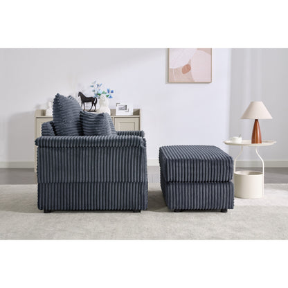Gray 42.52 Corduroy Single Deep Seat Sofa with Removable Ottoman, Storage Armrest, 2 Toss Pillows