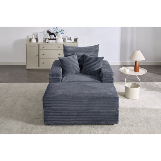 Gray 42.52 Corduroy Single Deep Seat Sofa with Removable Ottoman, Storage Armrest, 2 Toss Pillows