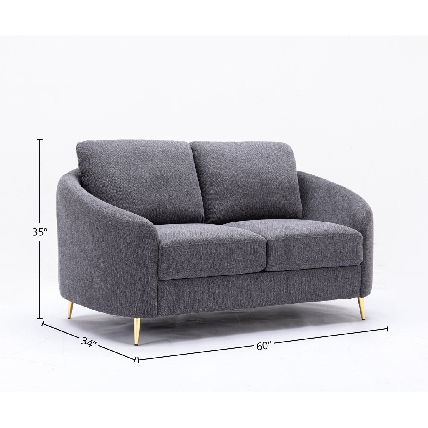 Gray 60 Linen Loveseat Sofa with Gold Metal Legs and Plush Seat Cushions for Living Room