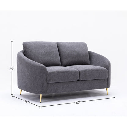 Gray 60 Linen Loveseat Sofa with Gold Metal Legs and Plush Seat Cushions for Living Room