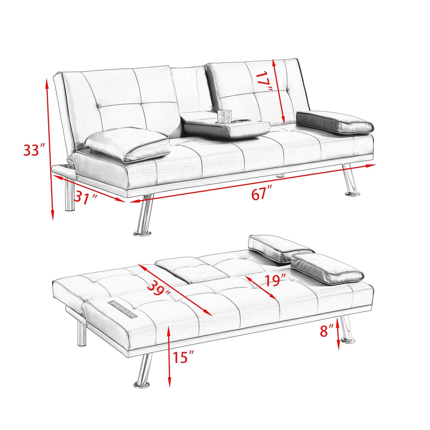 Gray 67 Faux Leather Folding Loveseat Sofa Bed with Silver Metal Legs and Cup Holder for Living Room