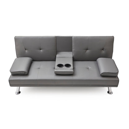Gray 67 Faux Leather Folding Loveseat Sofa Bed with Silver Metal Legs and Cup Holder for Living Room