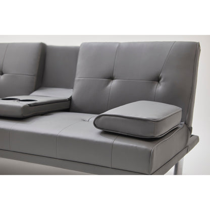 Gray 67 Faux Leather Folding Loveseat Sofa Bed with Silver Metal Legs and Cup Holder for Living Room