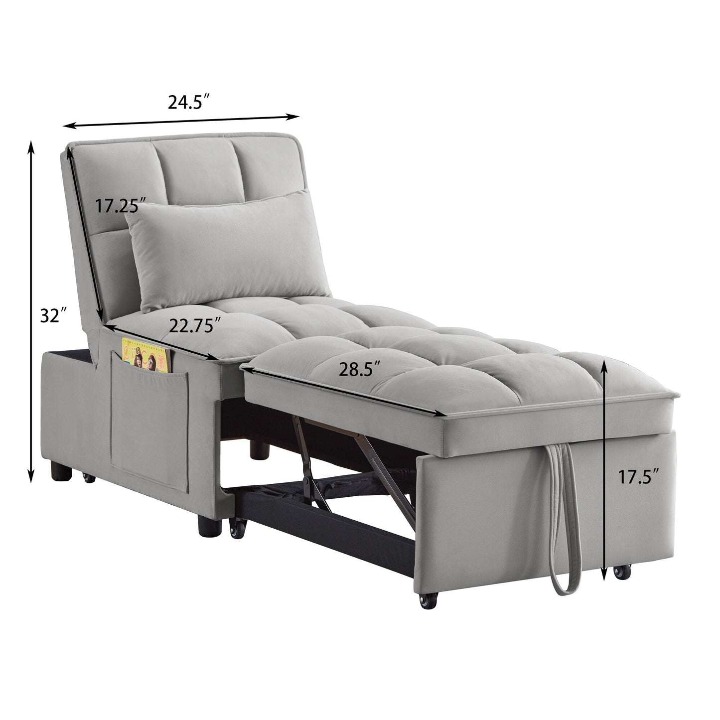 Gray 68.5 Velvet Single Folding Sofa Bed with Adjustable Backrest and Pillows for Living Room