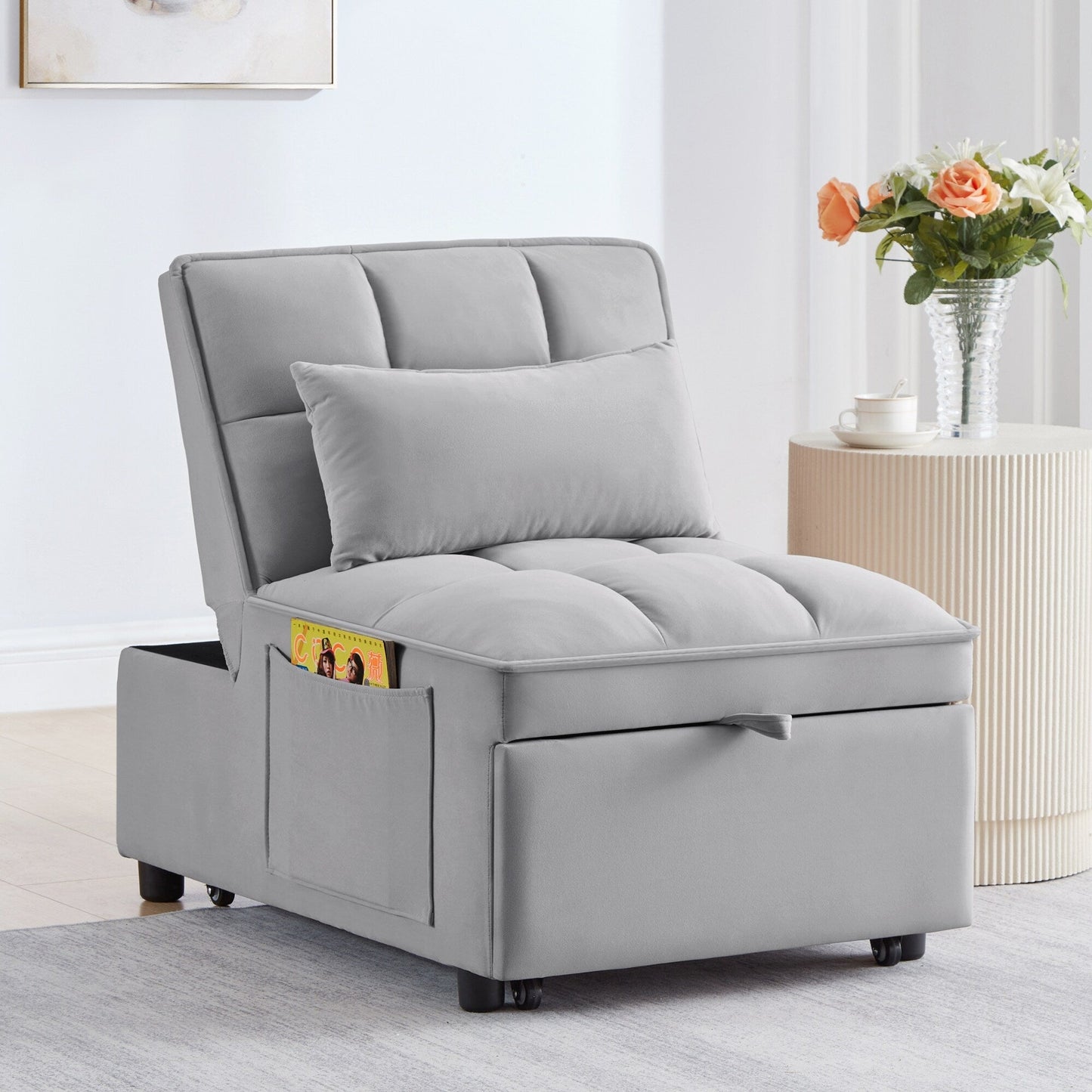 Gray 68.5 Velvet Single Folding Sofa Bed with Adjustable Backrest and Pillows for Living Room