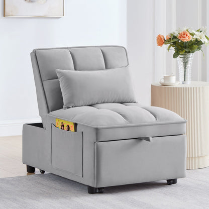 Gray 68.5 Velvet Single Folding Sofa Bed with Adjustable Backrest and Pillows for Living Room