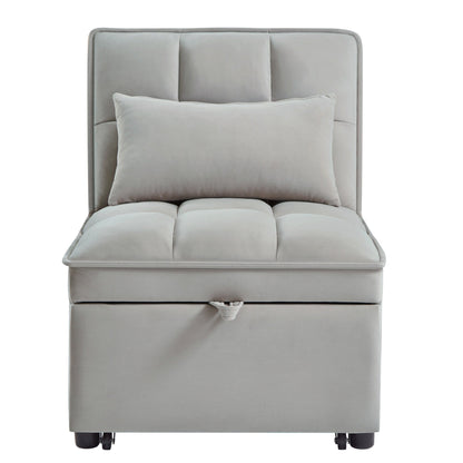 Gray 68.5 Velvet Single Folding Sofa Bed with Adjustable Backrest and Pillows for Living Room