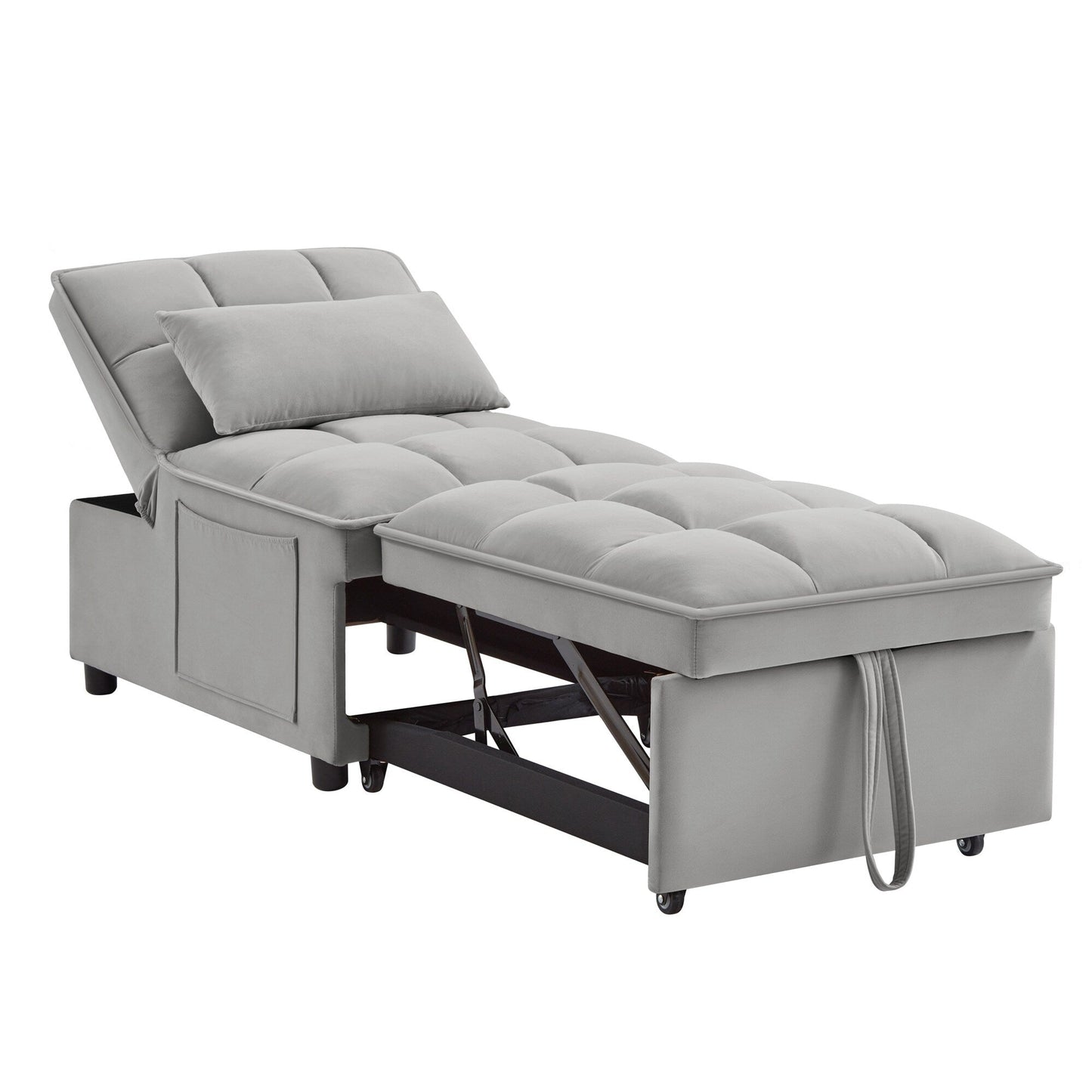 Gray 68.5 Velvet Single Folding Sofa Bed with Adjustable Backrest and Pillows for Living Room