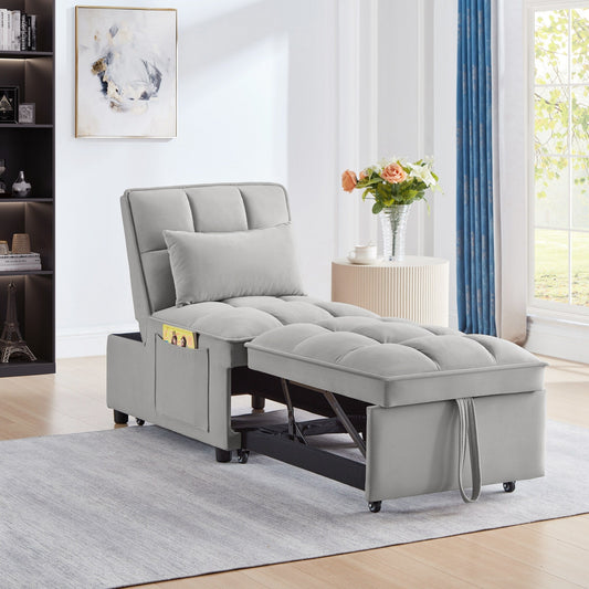 Gray 68.5 Velvet Single Folding Sofa Bed with Adjustable Backrest and Pillows for Living Room