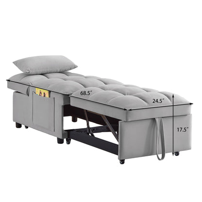 Gray 68.5 Velvet Single Folding Sofa Bed with Adjustable Backrest and Pillows for Living Room