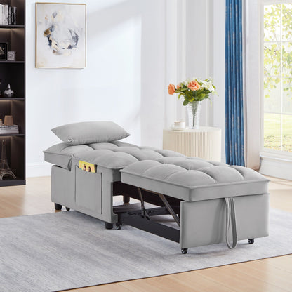 Gray 68.5 Velvet Single Folding Sofa Bed with Adjustable Backrest and Pillows for Living Room