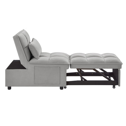 Gray 68.5 Velvet Single Folding Sofa Bed with Adjustable Backrest and Pillows for Living Room