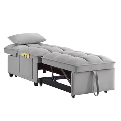 Gray 68.5 Velvet Single Folding Sofa Bed with Adjustable Backrest and Pillows for Living Room