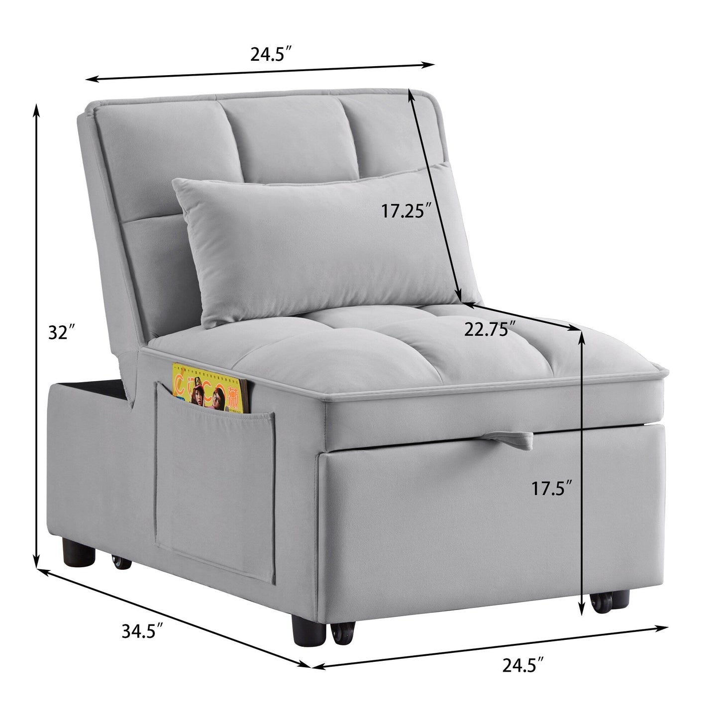 Gray 68.5 Velvet Single Folding Sofa Bed with Adjustable Backrest and Pillows for Living Room
