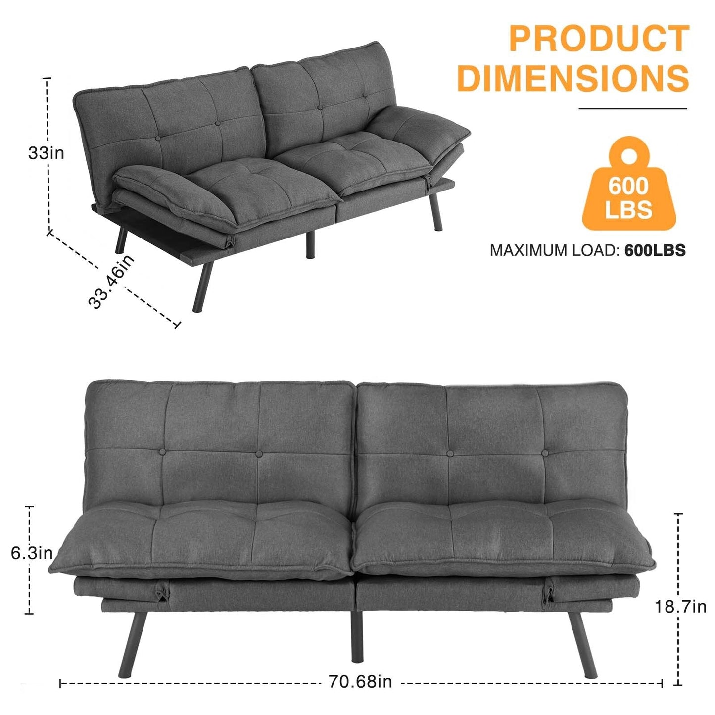 Gray 70.8 Linen Loveseat Folding Sofa Bed with Adjustable Back and Six Chrome-Plated Metal Legs for Living Room