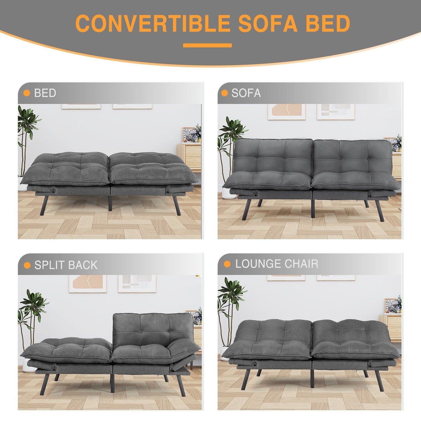 Gray 70.8 Linen Loveseat Folding Sofa Bed with Adjustable Back and Six Chrome-Plated Metal Legs for Living Room