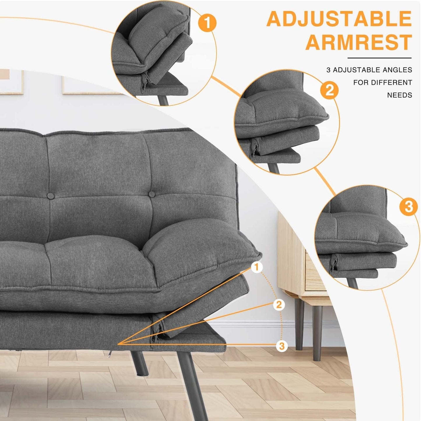 Gray 70.8 Linen Loveseat Folding Sofa Bed with Adjustable Back and Six Chrome-Plated Metal Legs for Living Room