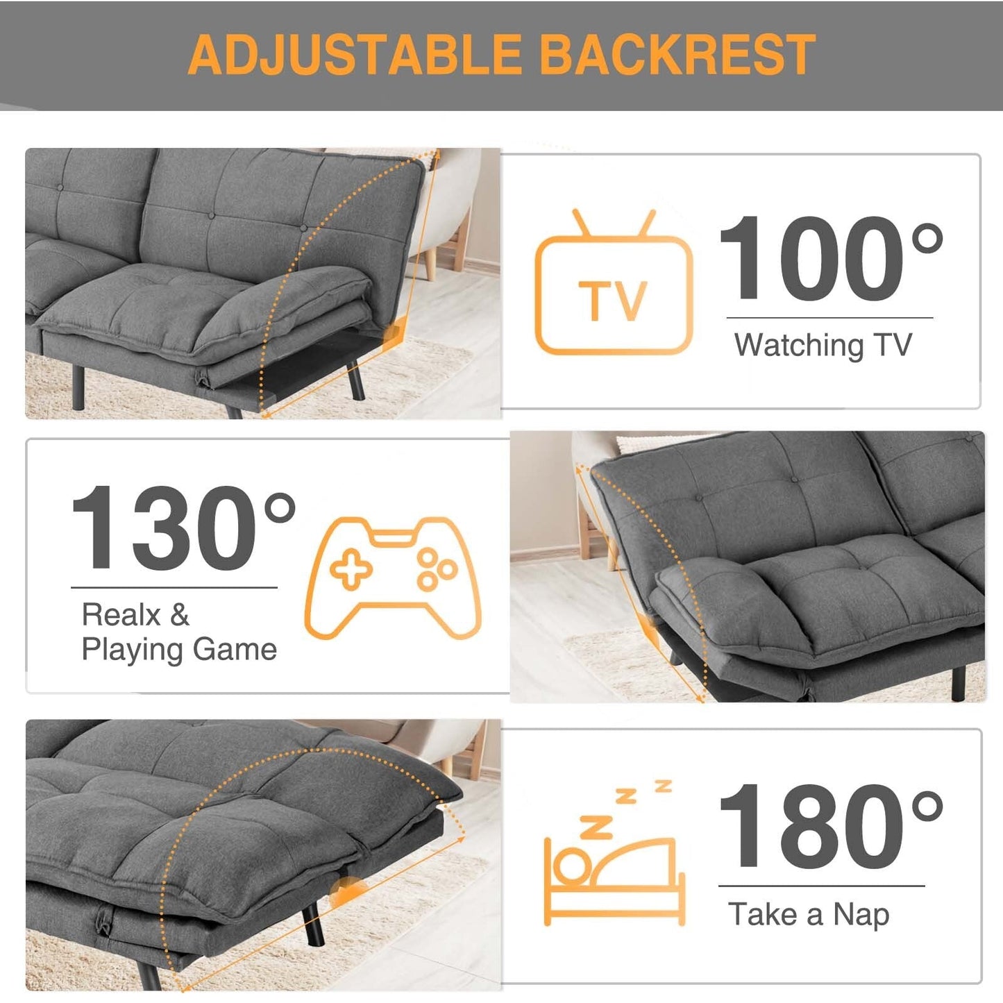 Gray 70.8 Linen Loveseat Folding Sofa Bed with Adjustable Back and Six Chrome-Plated Metal Legs for Living Room