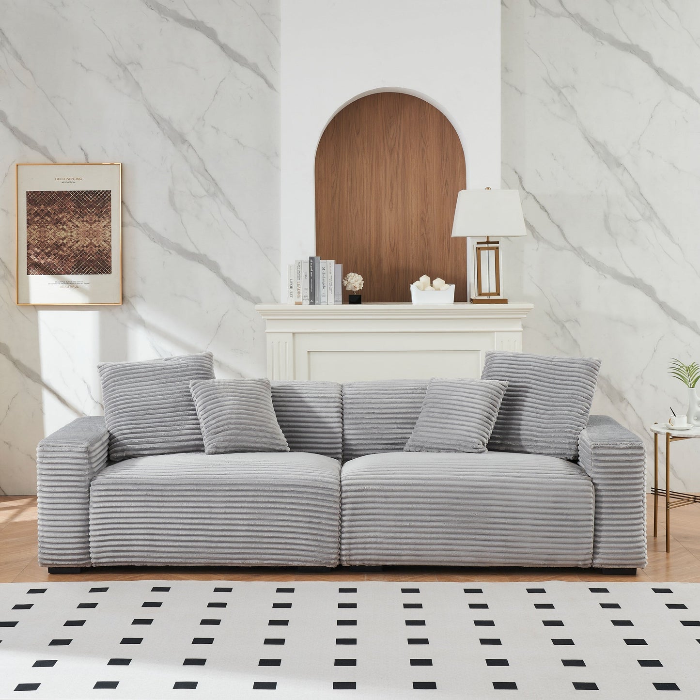 Gray Modern 104.72 Corduroy 4-seat Sofa with 4 Throw Pillows for Living Room