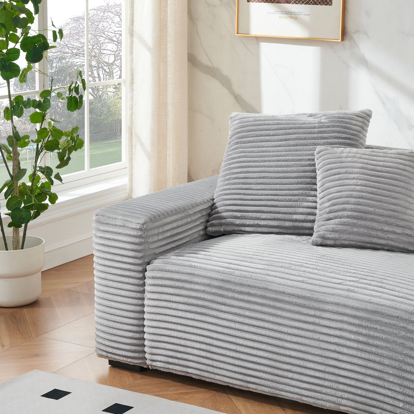 Gray Modern 104.72 Corduroy 4-seat Sofa with 4 Throw Pillows for Living Room