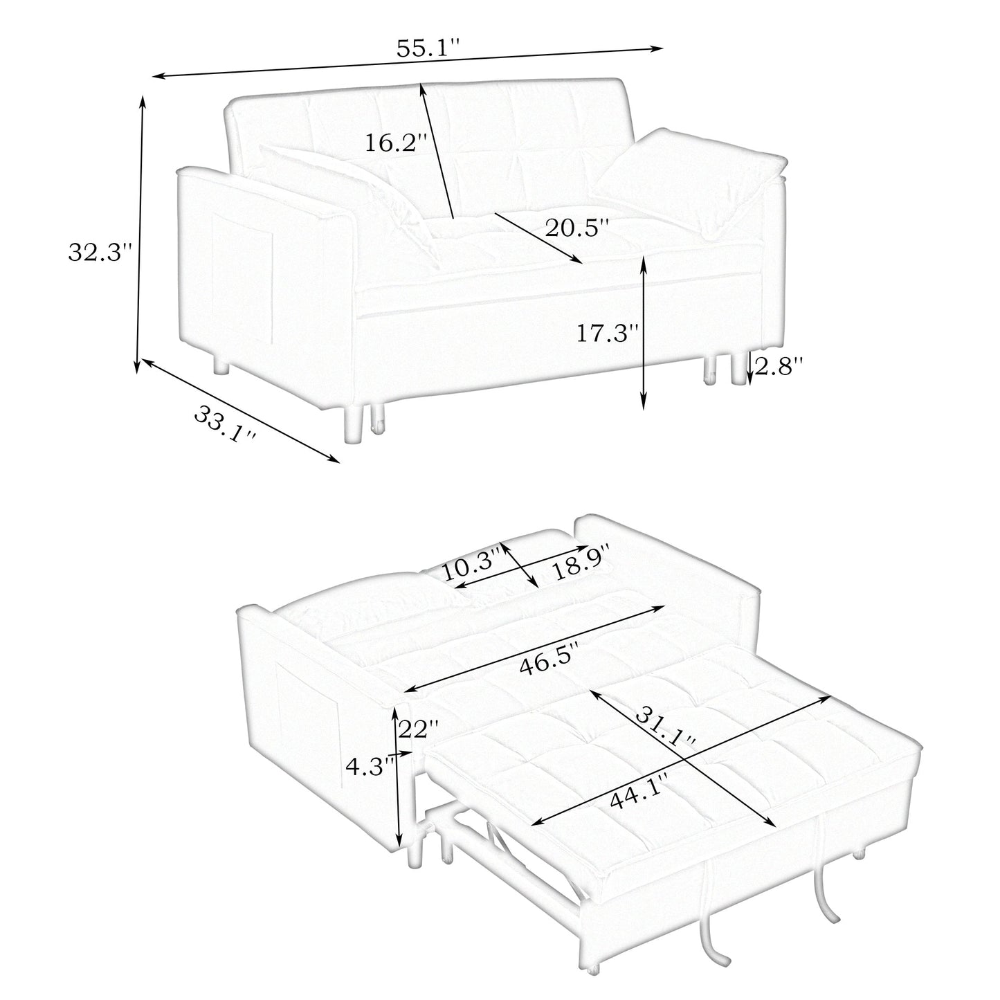 Gray Modern 54.3 Corduroy Loveseat Pull-out Sofa Bed with Adjustable Back and Pillows for Living Room