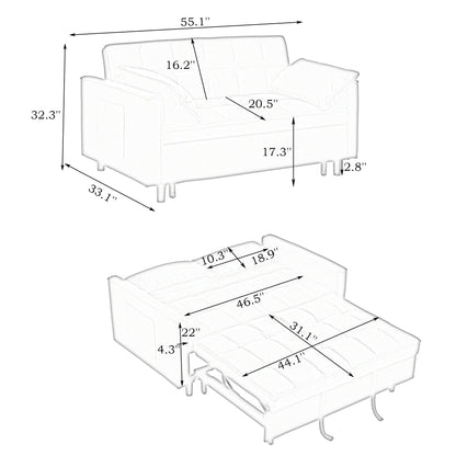 Gray Modern 54.3 Corduroy Loveseat Pull-out Sofa Bed with Adjustable Back and Pillows for Living Room