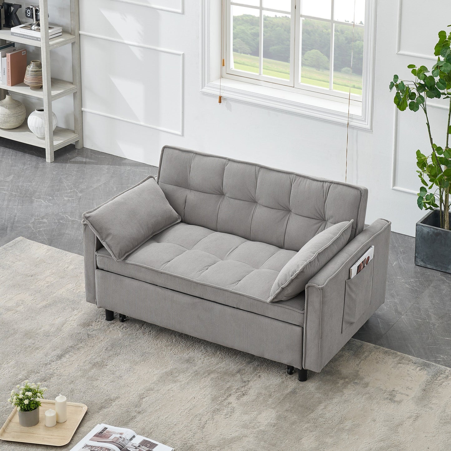 Gray Modern 54.3 Corduroy Loveseat Pull-out Sofa Bed with Adjustable Back and Pillows for Living Room