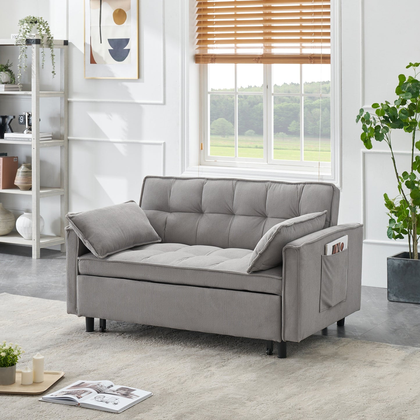 Gray Modern 54.3 Corduroy Loveseat Pull-out Sofa Bed with Adjustable Back and Pillows for Living Room