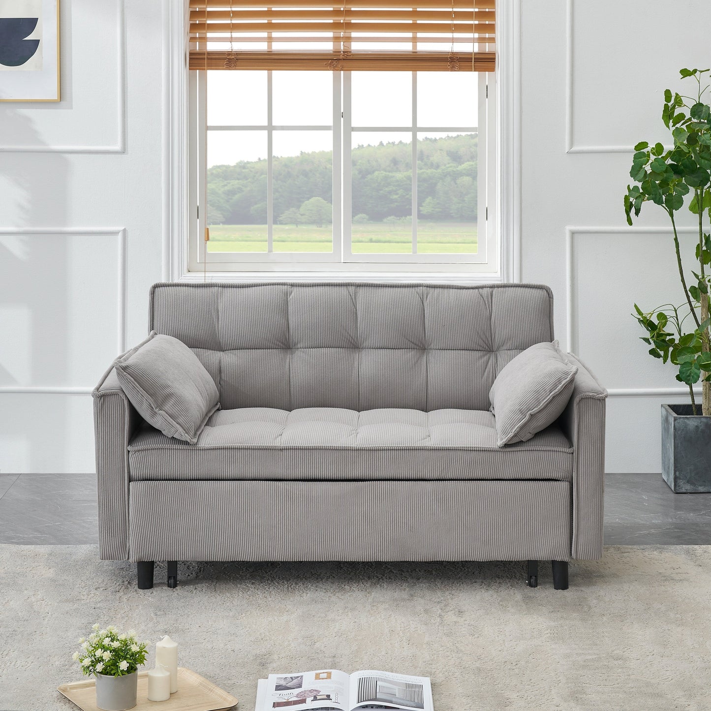 Gray Modern 54.3 Corduroy Loveseat Pull-out Sofa Bed with Adjustable Back and Pillows for Living Room