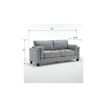 Gray Modern 79 Button Tufted Linen Upholstered 3-seater Sofa with 2 USB Ports and Solid Square Plastic Foot
