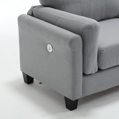 Gray Modern 79 Button Tufted Linen Upholstered 3-seater Sofa with 2 USB Ports and Solid Square Plastic Foot