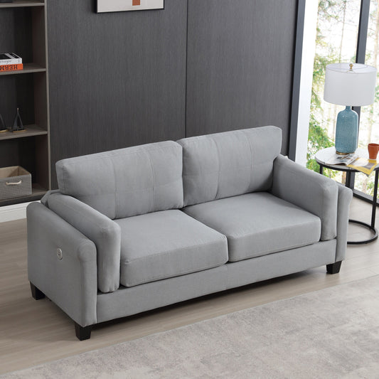 Gray Modern 79 Button Tufted Linen Upholstered 3-seater Sofa with 2 USB Ports and Solid Square Plastic Foot