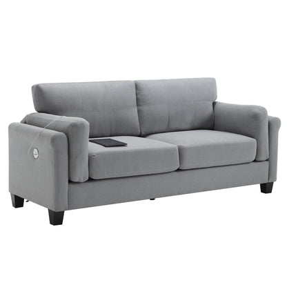 Gray Modern 79 Button Tufted Linen Upholstered 3-seater Sofa with 2 USB Ports and Solid Square Plastic Foot