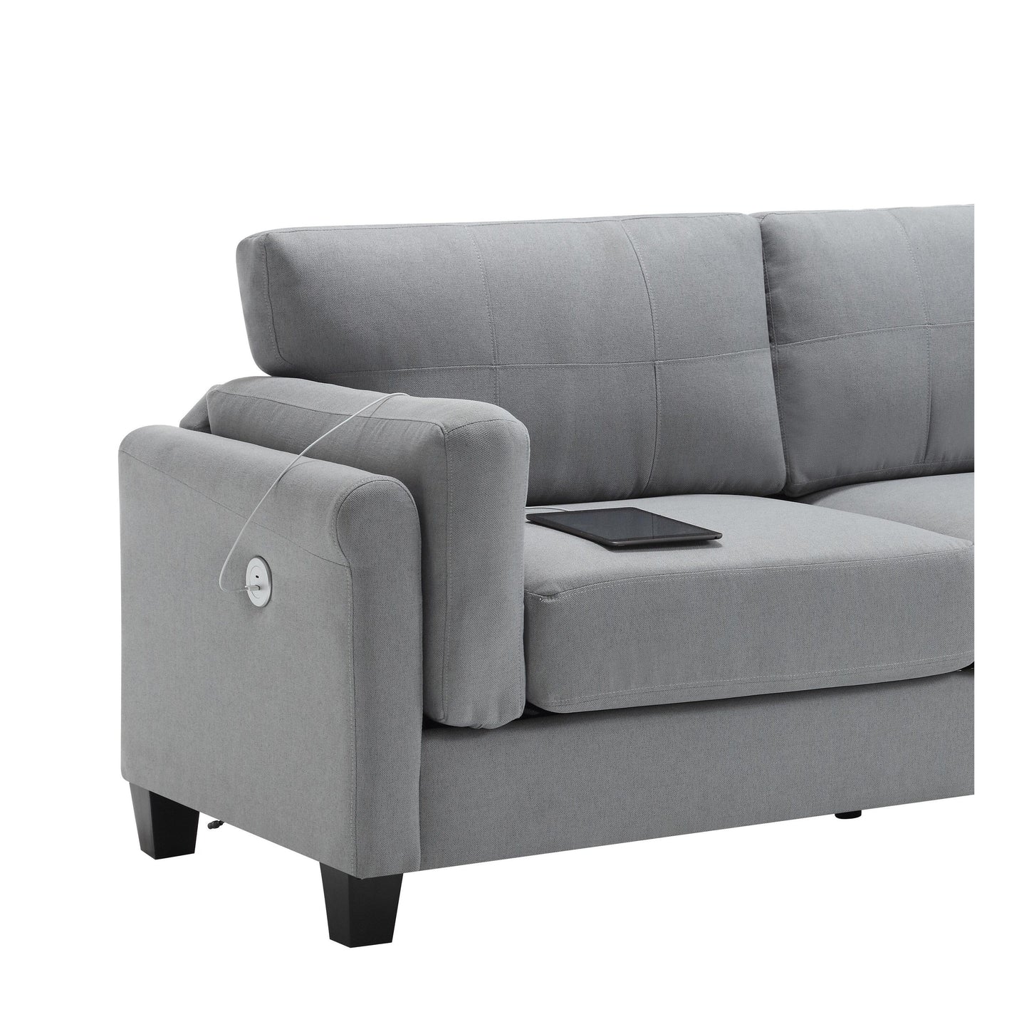 Gray Modern 79 Button Tufted Linen Upholstered 3-seater Sofa with 2 USB Ports and Solid Square Plastic Foot