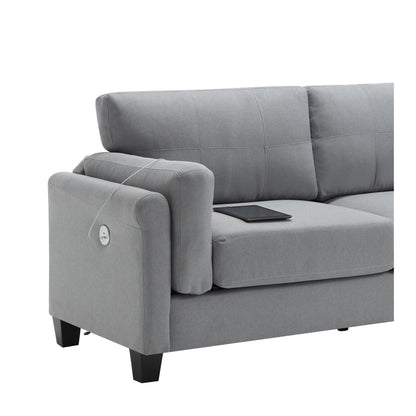 Gray Modern 79 Button Tufted Linen Upholstered 3-seater Sofa with 2 USB Ports and Solid Square Plastic Foot
