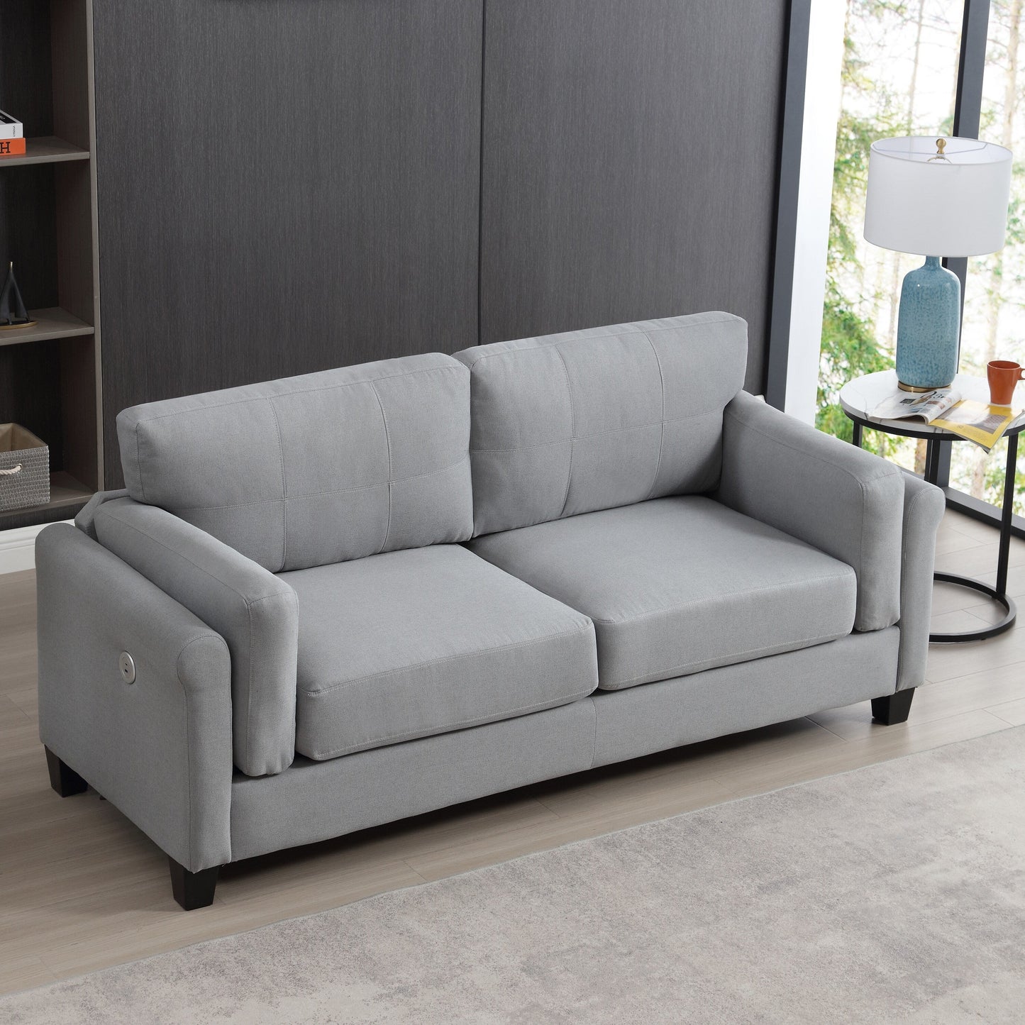 Gray Modern 79 Button Tufted Linen Upholstered 3-seater Sofa with 2 USB Ports and Solid Square Plastic Foot
