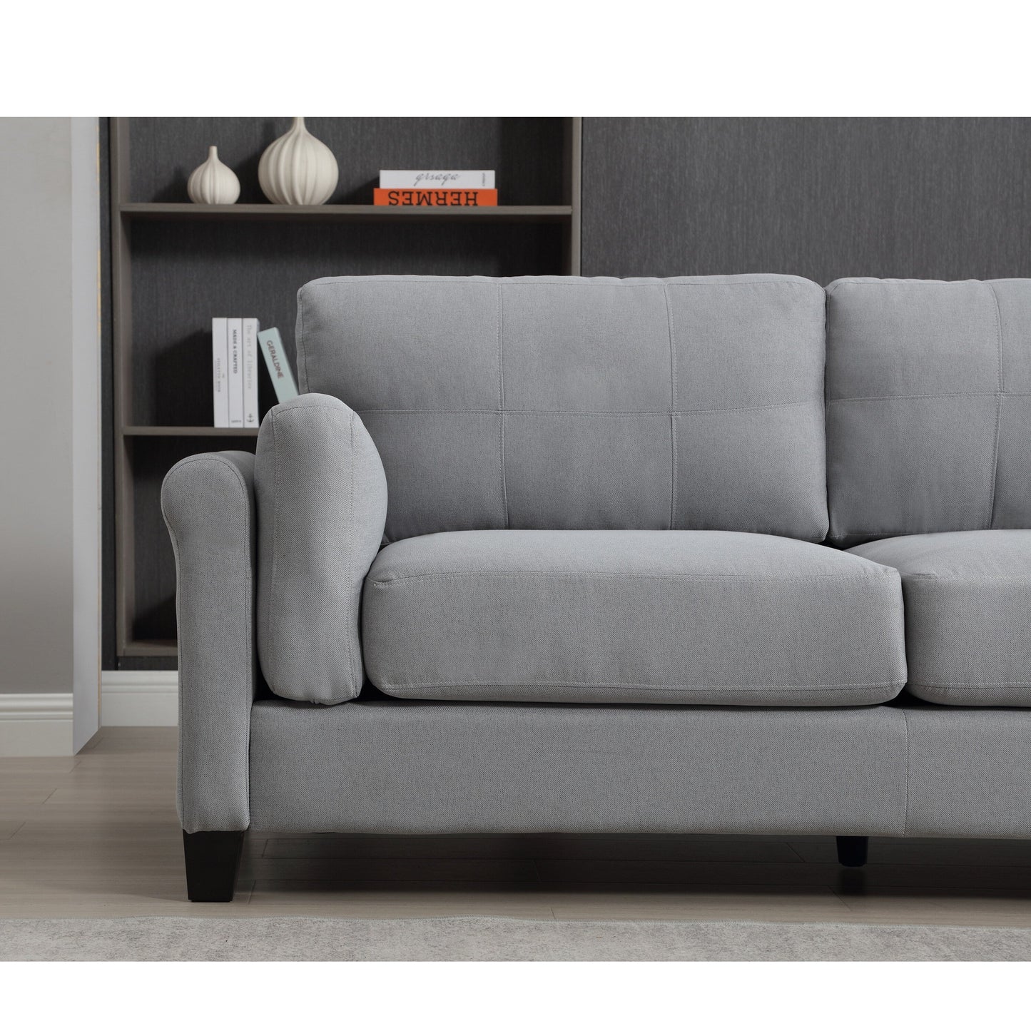 Gray Modern 79 Button Tufted Linen Upholstered 3-seater Sofa with 2 USB Ports and Solid Square Plastic Foot