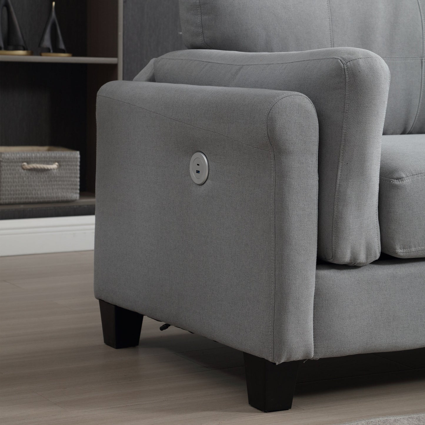 Gray Modern 79 Button Tufted Linen Upholstered 3-seater Sofa with 2 USB Ports and Solid Square Plastic Foot