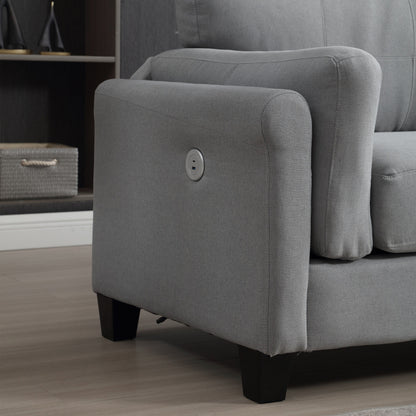 Gray Modern 79 Button Tufted Linen Upholstered 3-seater Sofa with 2 USB Ports and Solid Square Plastic Foot