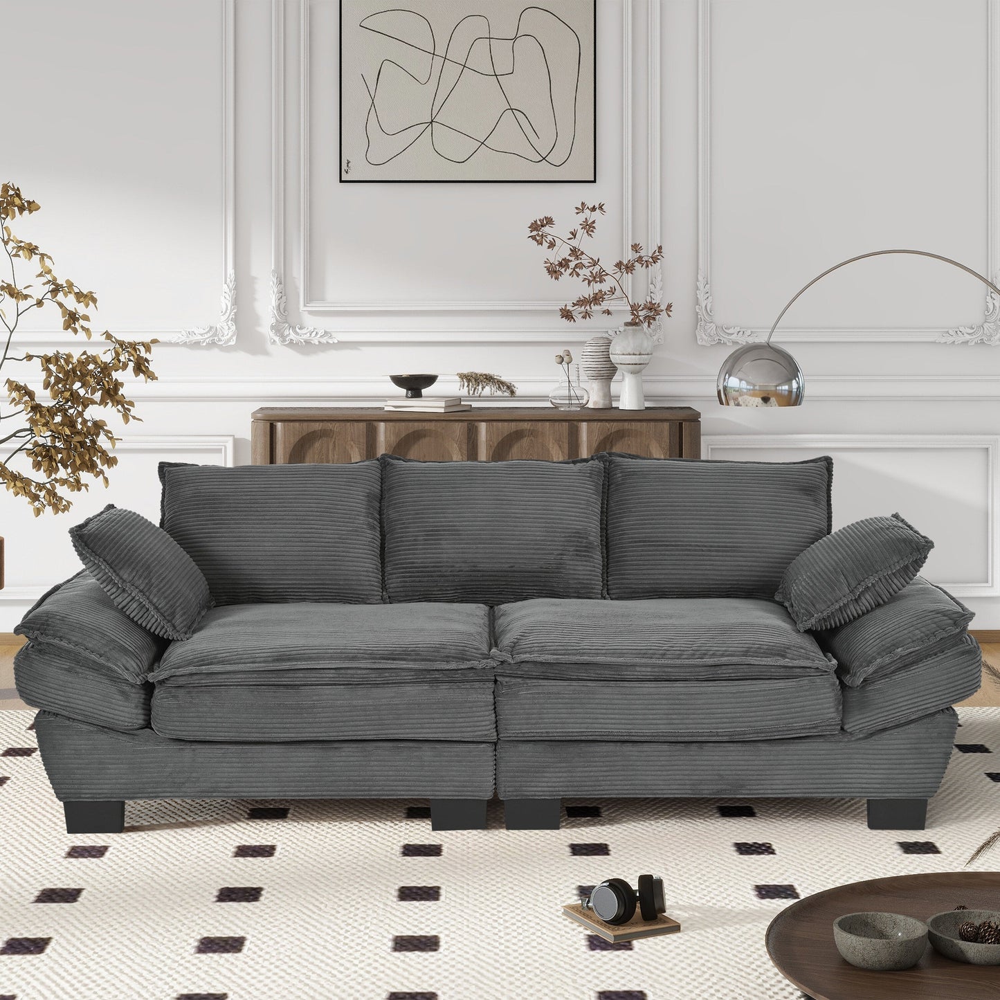 Gray Modern 85.4 Corduroy Upholstered Loveseat Sofa with 2 Decorative Throw Pillows for Living Room