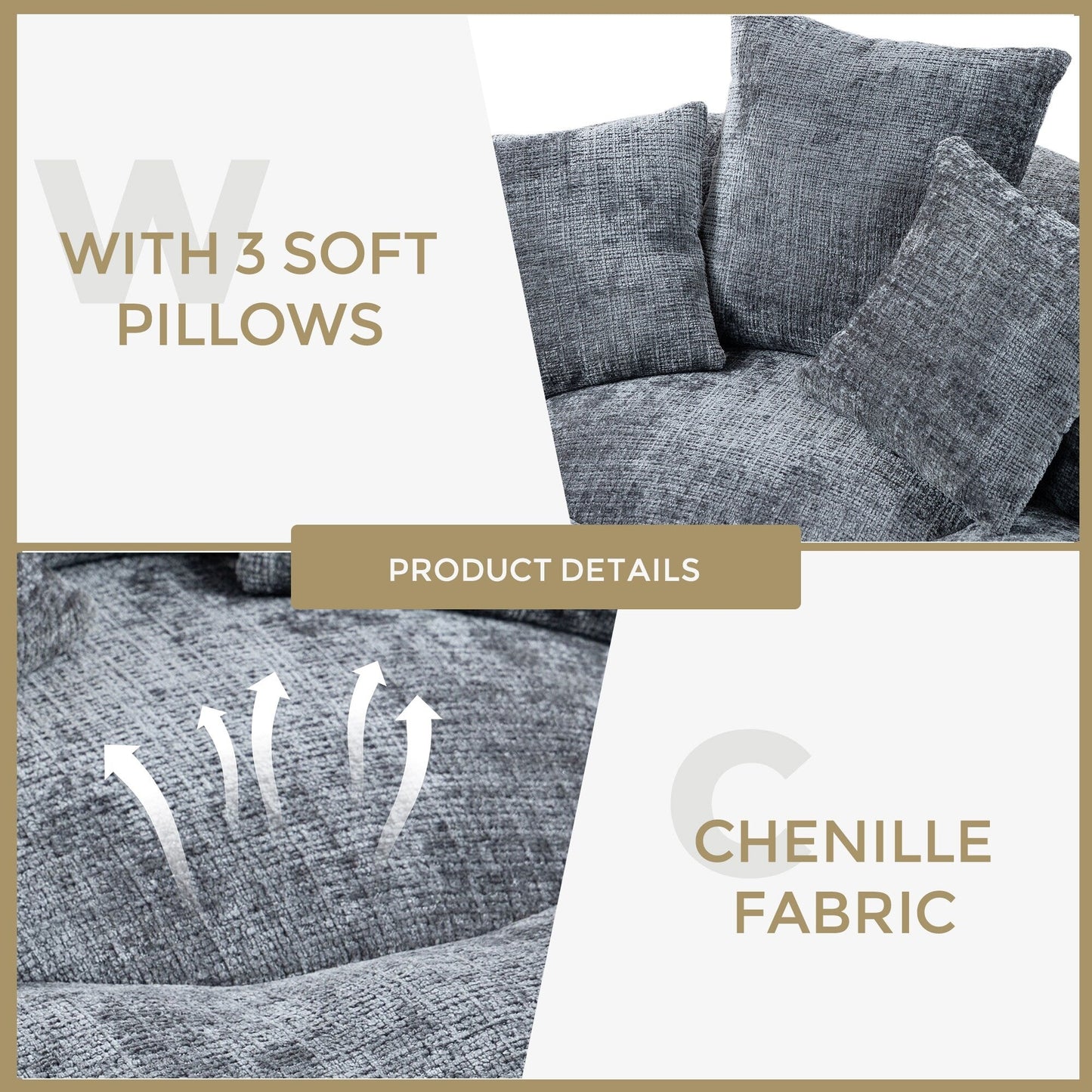 Gray Oversized 42.52 Chenille Lazy Bean Bag Single Sofa with Three Pillows for Bedroom