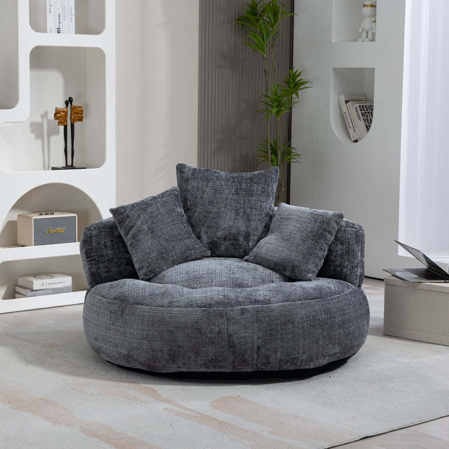 Gray Oversized Chenille Bean Bag Sofa with Pillows