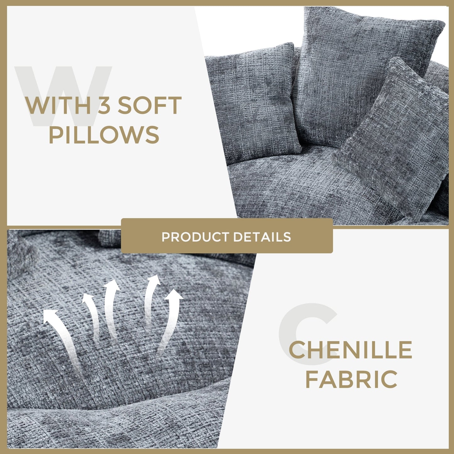 Gray Oversized Chenille Bean Bag Sofa with Pillows
