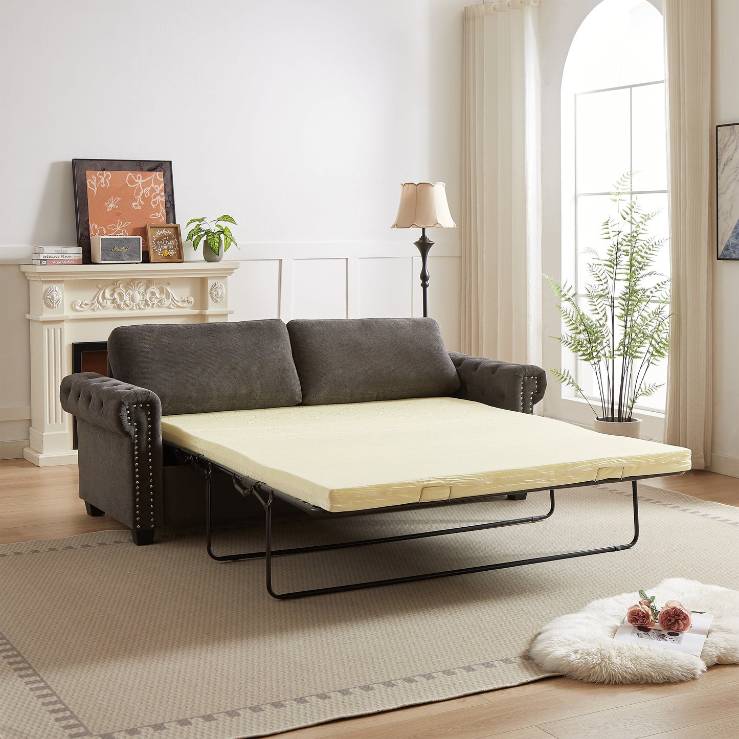 Gray Polyester 3-seater Convertible Pullout Sofa Bed
