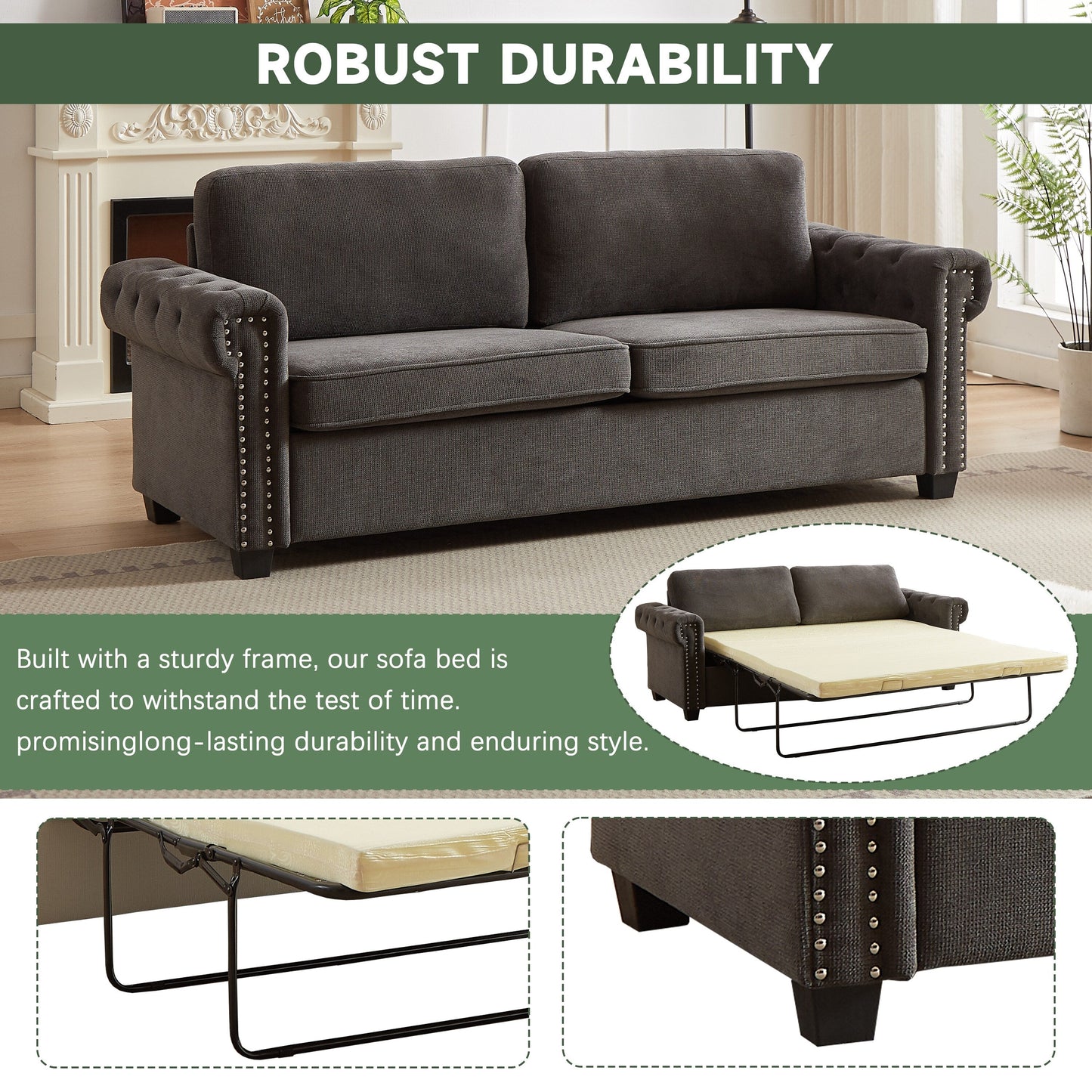 Gray Polyester 3-seater Convertible Pullout Sofa Bed