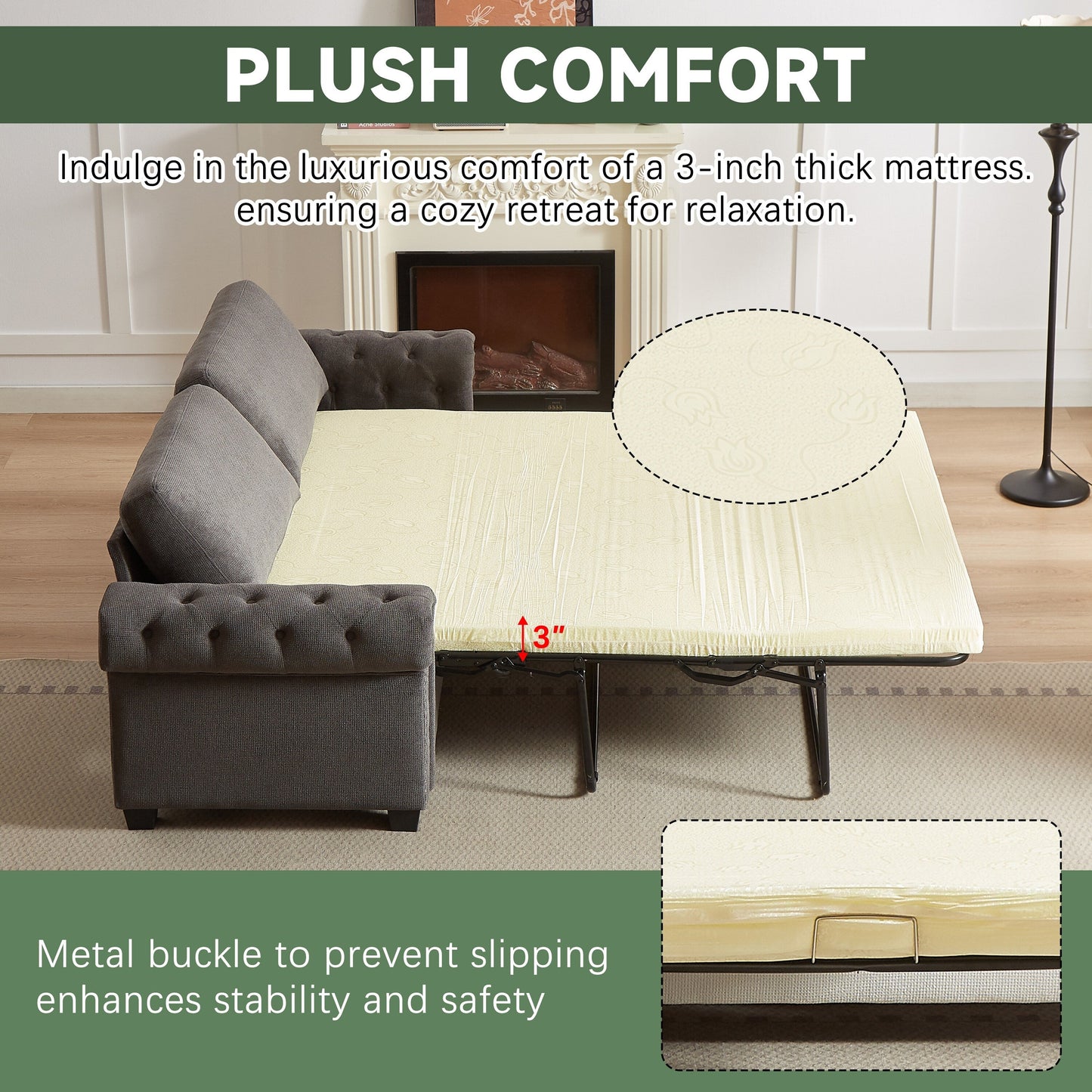 Gray Polyester 3-seater Convertible Pullout Sofa Bed